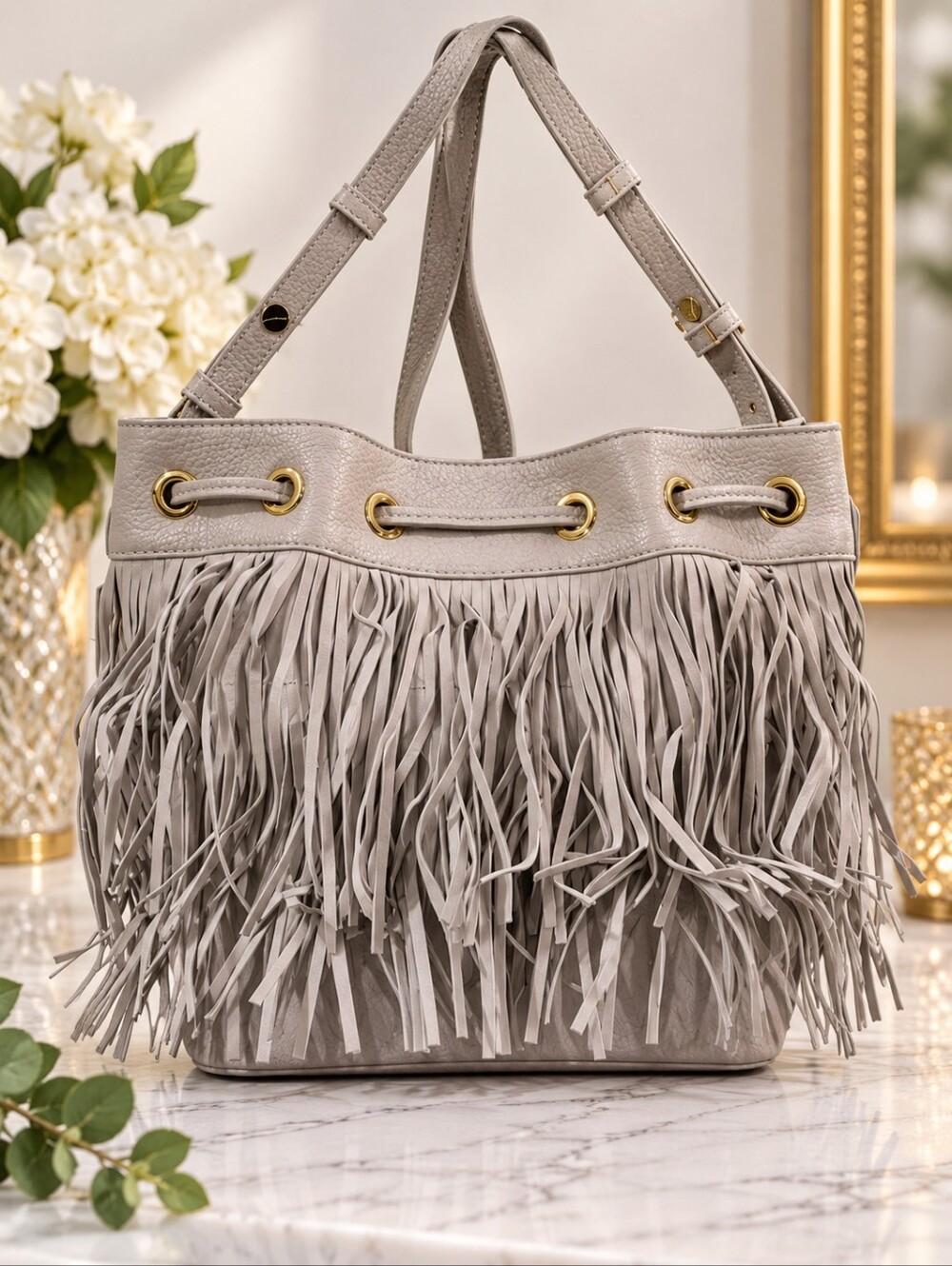 Samantha Vega Gray Leather Fringe Drawstring Shoulder Handbag & Magnetic Closure